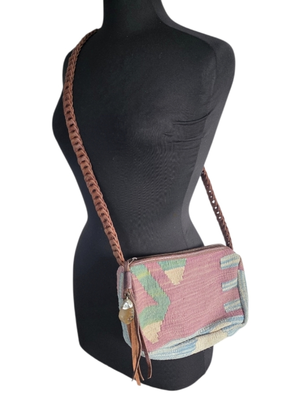 Vintage 90s Kilim Pink Multicolor Woven Crossbody Bag with Braided Brown Strap